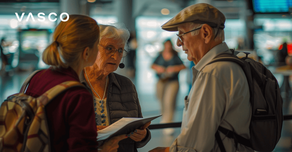 Un cuplu de seniori consultă cazul lor cu un călător mai tânăr.