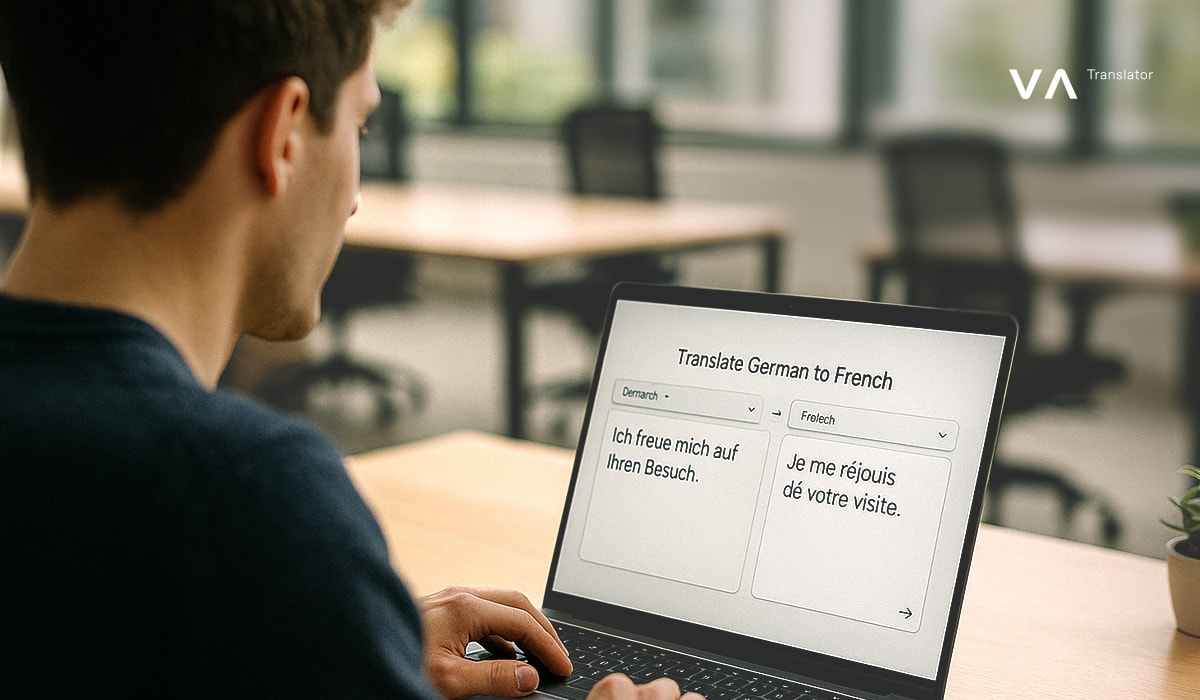  Un bărbat folosește un laptop pentru a traduce o propoziție din germană în franceză într-un spațiu de lucru modern.