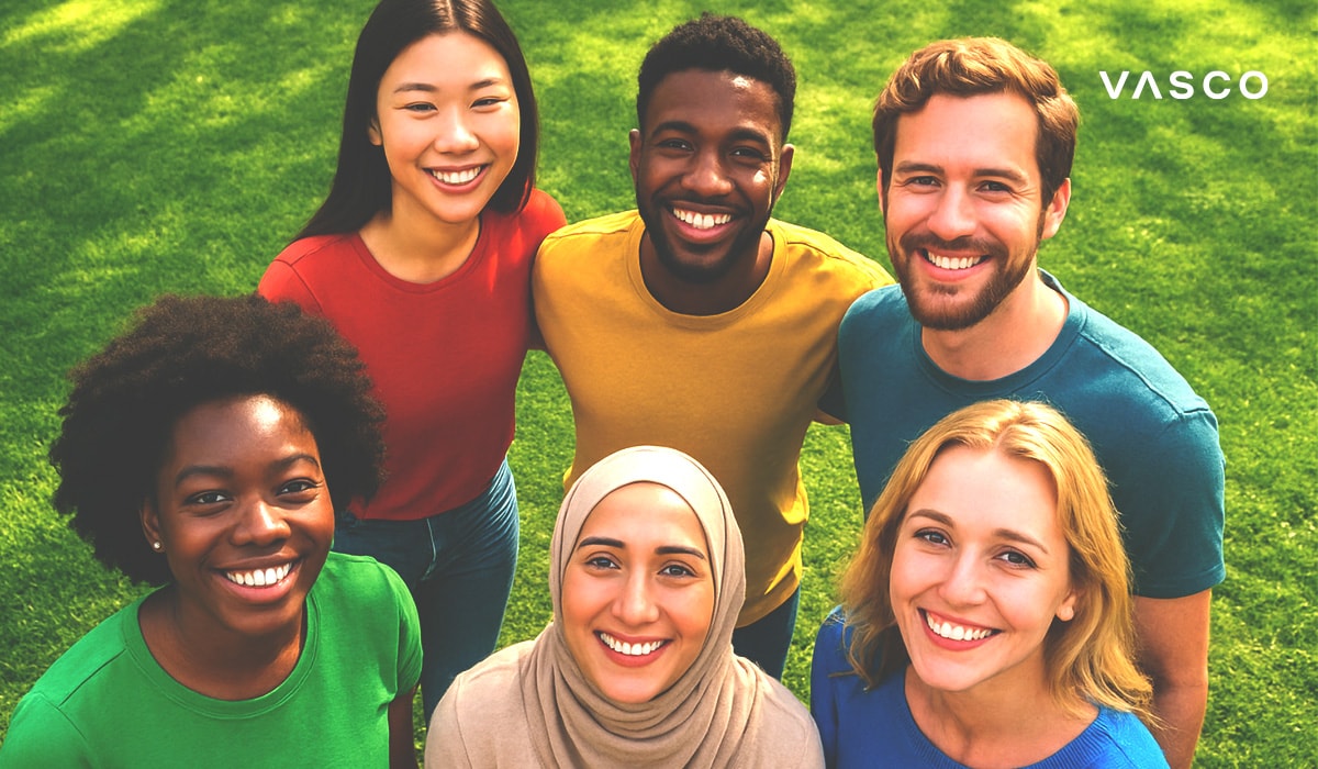 Un grup divers de oameni zâmbitori din culturi diferite, uniți prin comunicarea fluentă cu Vasco Translator.