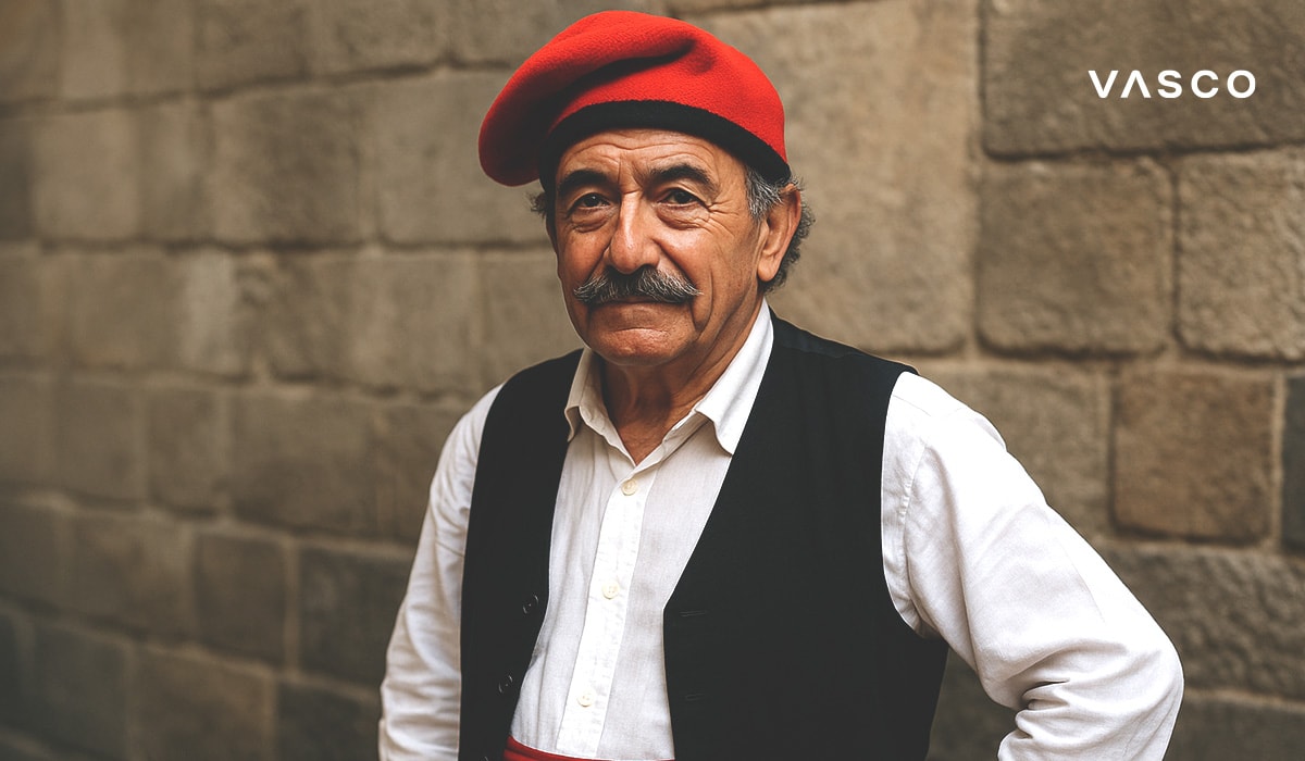 Portretul unui bărbat în vârstă îmbrăcat în haine tradiționale din Basque, inclusiv o beretă roșie, stând în fața unui zid de piatră.