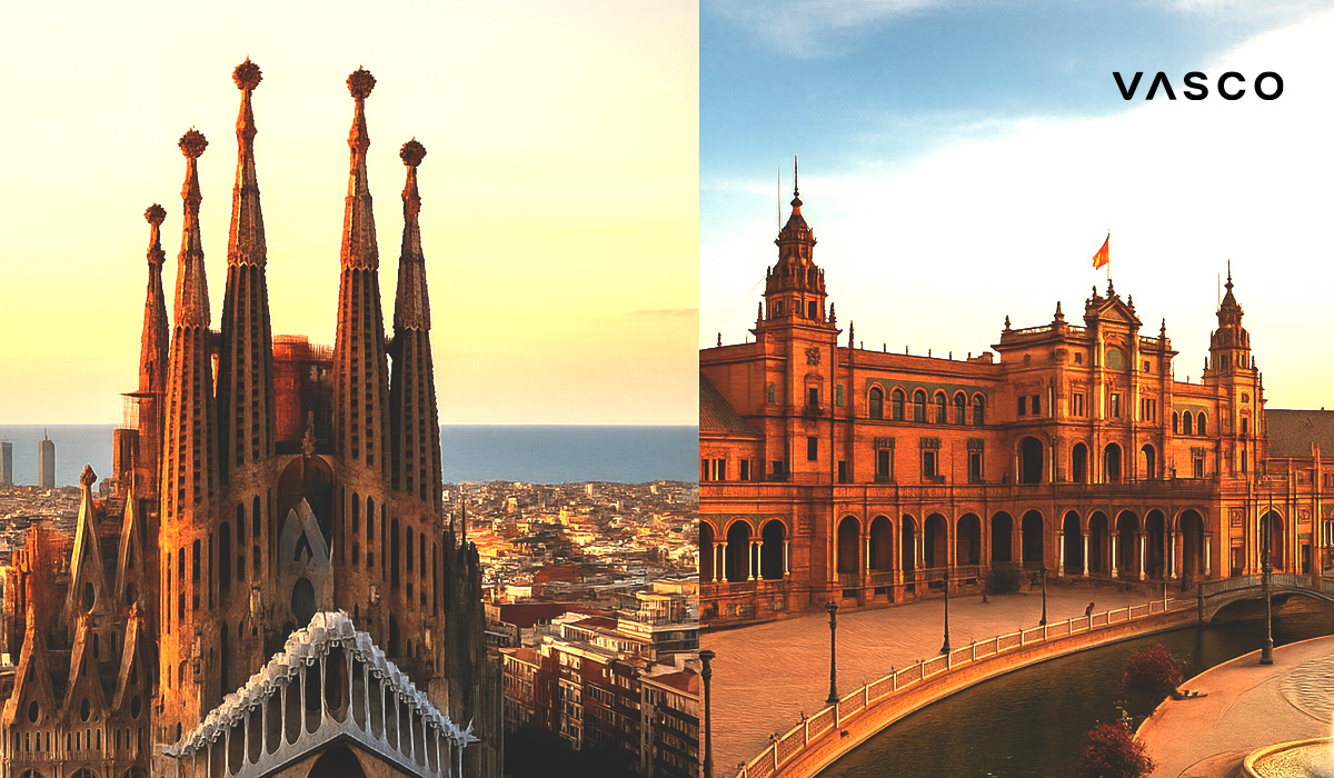 Imagine divizată care prezintă Sagrada Família din Barcelona în stânga și Plaza de España din Sevilla în dreapta, evidenți