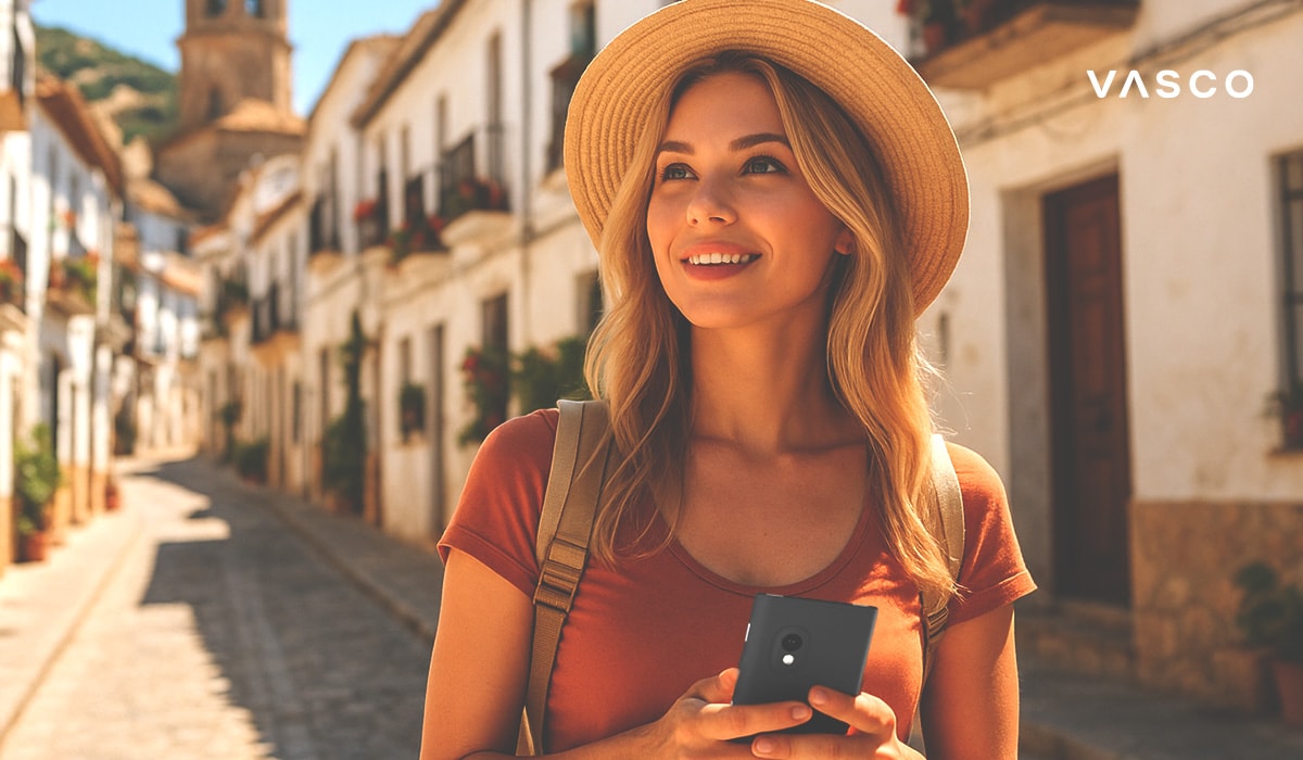 Turistă zâmbitoare plimbându-se pe o stradă îngustă din Spania, cu clădiri albe, ținând în mână un dispozitiv de traducere și purtând o pălărie de paie și un rucsac.