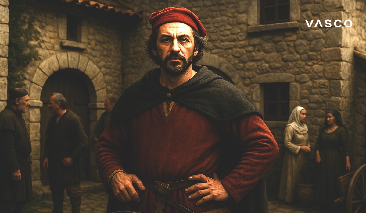 Bărbat în costum medieval, cu o beretă roșie și o mantie, stând în fața unor clădiri de piatră, cu alte persoane îmbrăcate în haine de epocă în apropiere.