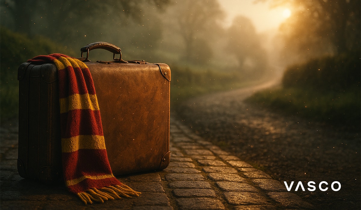 Un geamantan vintage de piele, cu un fular în culorile roșu și auriu (Gryffindor), așezat pe un drum pietruit ce duce spre o pădure cețoasă, sugerând începutul unei călătorii.