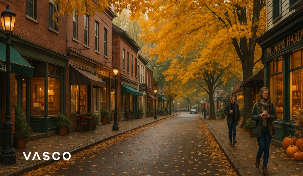 o stradă urbană mică și cochetă, mărginită de magazine și copaci aurii de toamnă