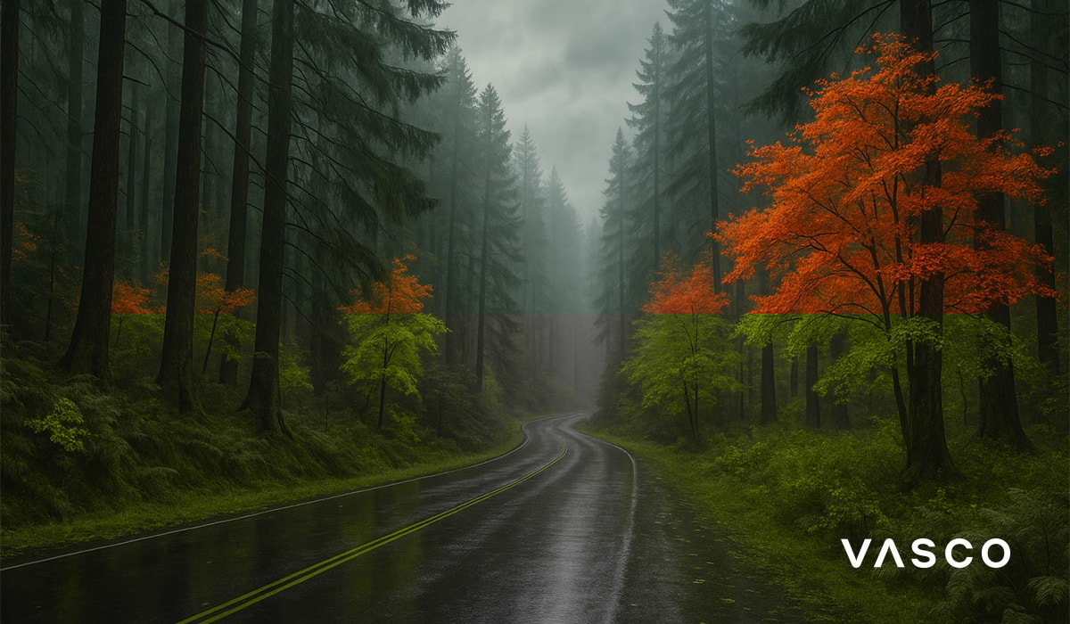 drum de pădure cețos cu copaci de toamnă portocalii și asfalt umed