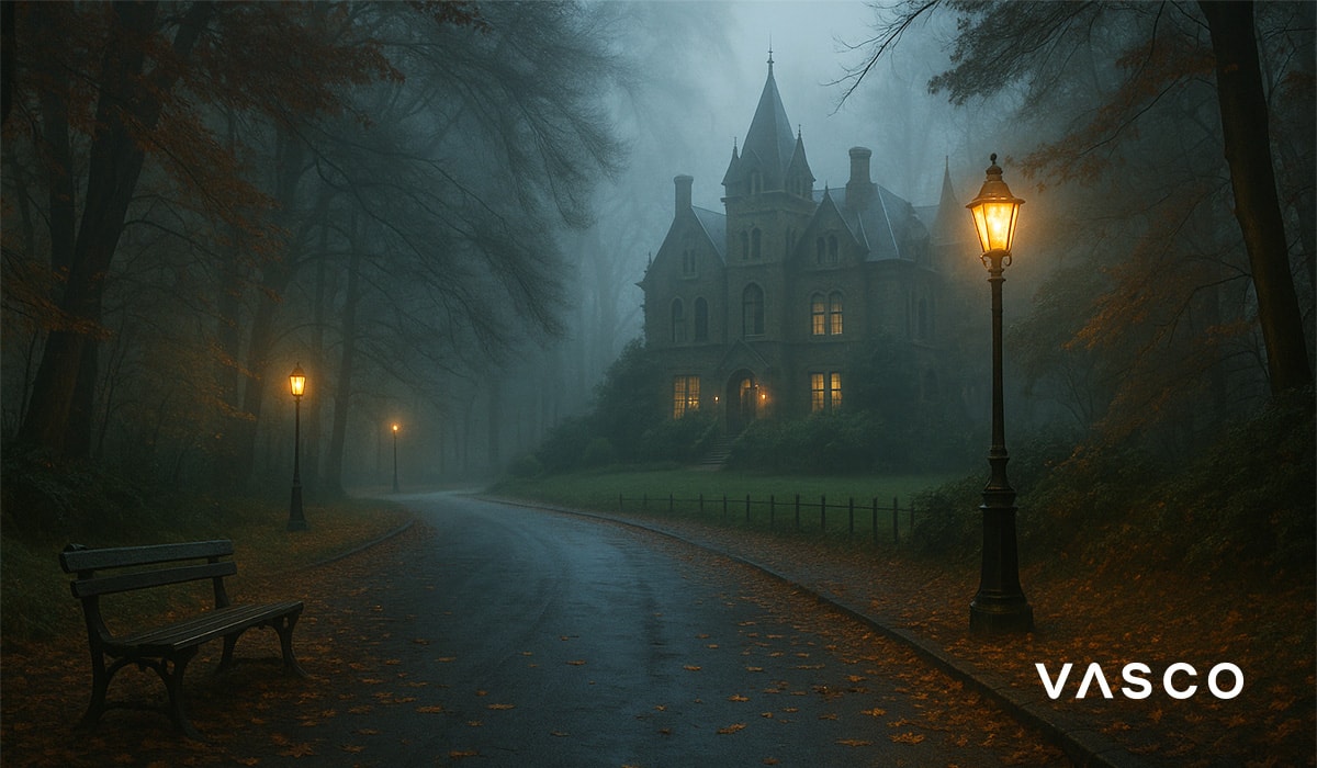 o cărare cețoasă care duce la o casă gotică veche într-o pădure de toamnă