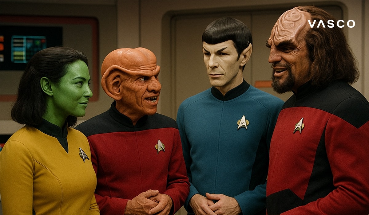 Echipaj al Flotei Stelare în uniforme colorate