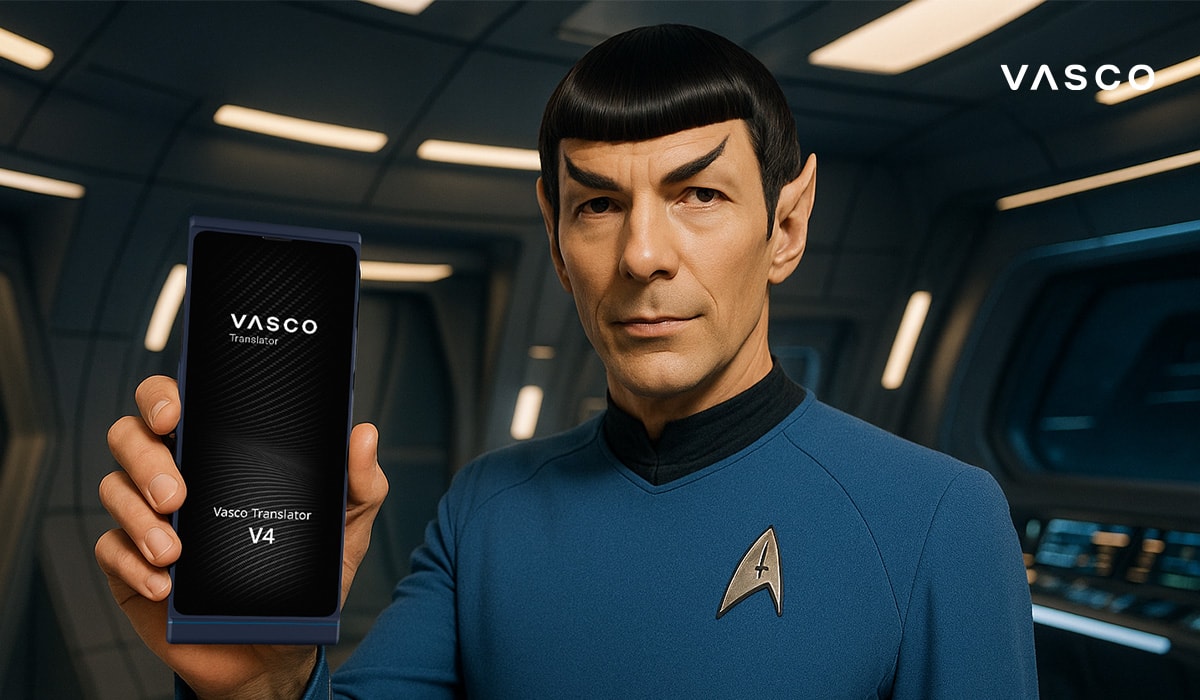 Ofițer în uniformă albastră ținând în mână Vasco Translator V4