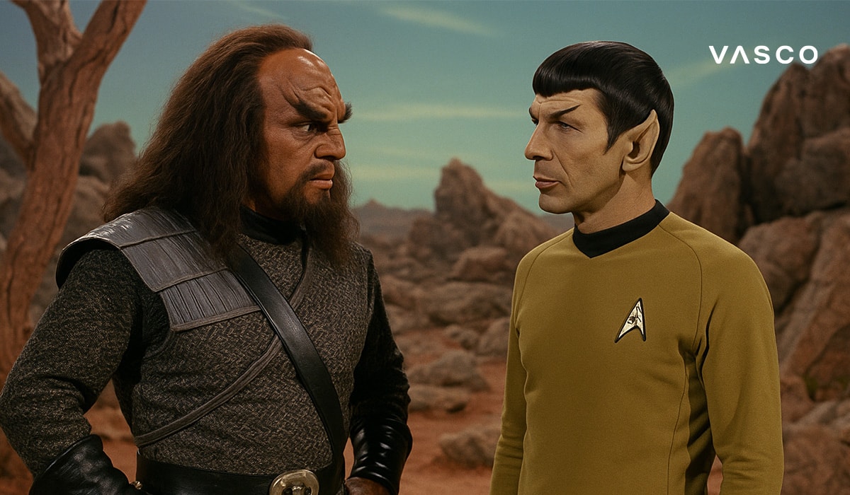 Doi ofițeri vorbind pe o planetă stâncoasă