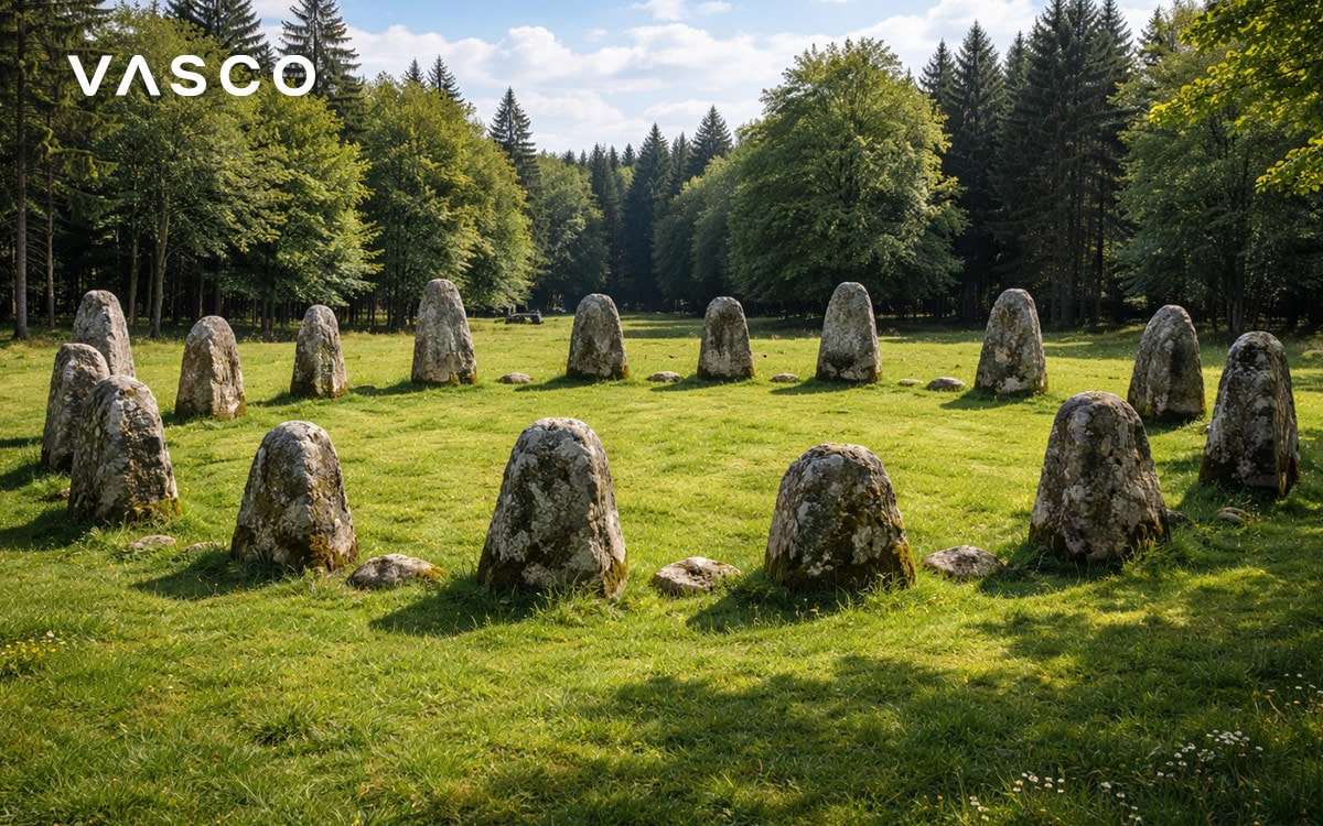 2c3e4a23-822c-475e-bb34-dc6da32fb8e7 cerc antic celtic de piatră într-o poiană verde din pădure