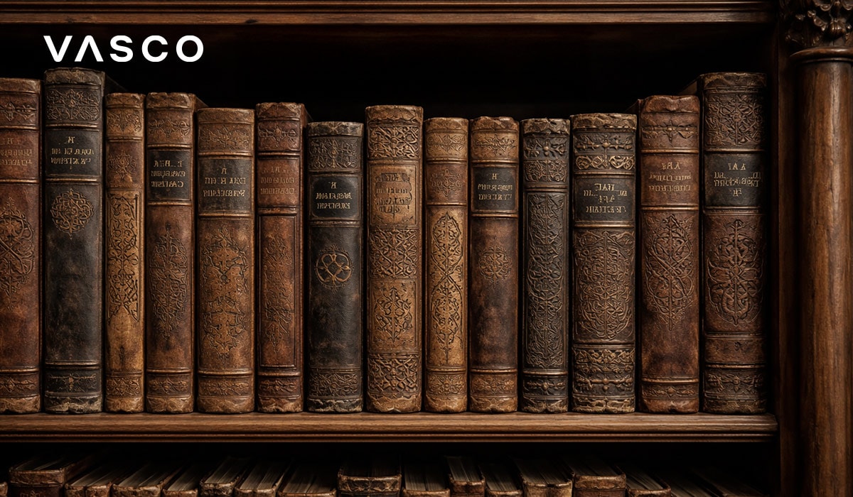 cărți vechi legate în piele, cu motive celtice, pe un raft