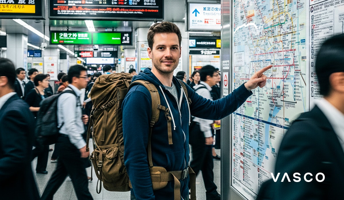 Turist cu rucsac verificând harta metroului din Tokyo – navigarea prin transportul public în timpul unei călătorii în Japonia.