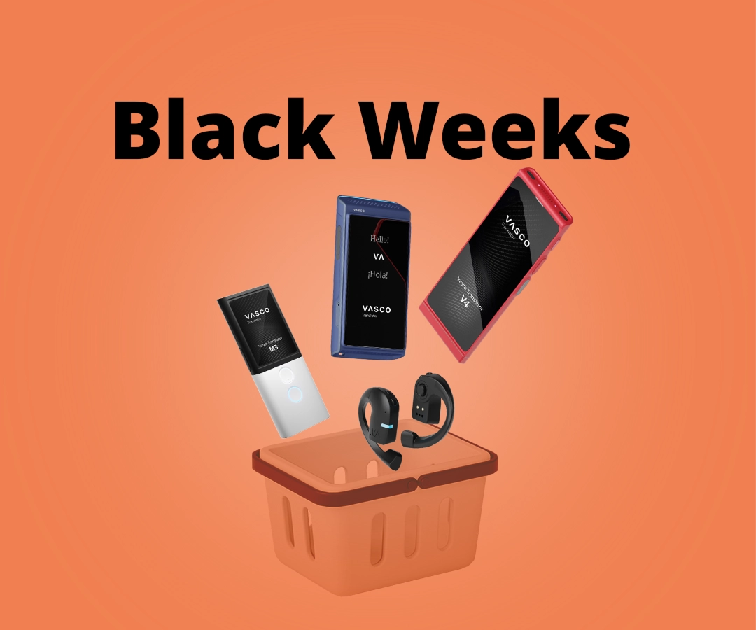 Traducătoarele Vasco V4, Q1, M3 și E1cad într-un coș de cumpărături pe un fundal portocaliu. „Black Weeks” scris în fundal.