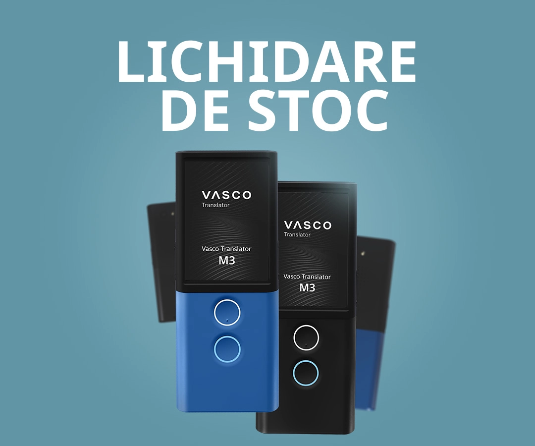 Imagine promoțională a dispozitivelor Vasco Translator M3 în albastru și negru pe un fundal albastru, cu mențiunea „FINAL SALE” (VÂNZARE FINALĂ).