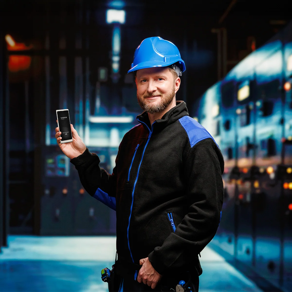 Bărbat zâmbitor, îmbrăcat în echipament de lucru și purtând o cască albastră, ținând în mână un Vasco Translator V4, cu diverse utilaje vizibile în fundal.