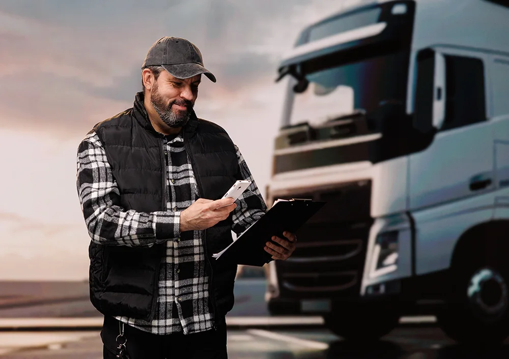 Un bărbat în haine de lucru și cască de protecție albastră zâmbește ținând în mână un Vasco Translator V4, în timp ce în fundal se observă diverse utilaje industriale.