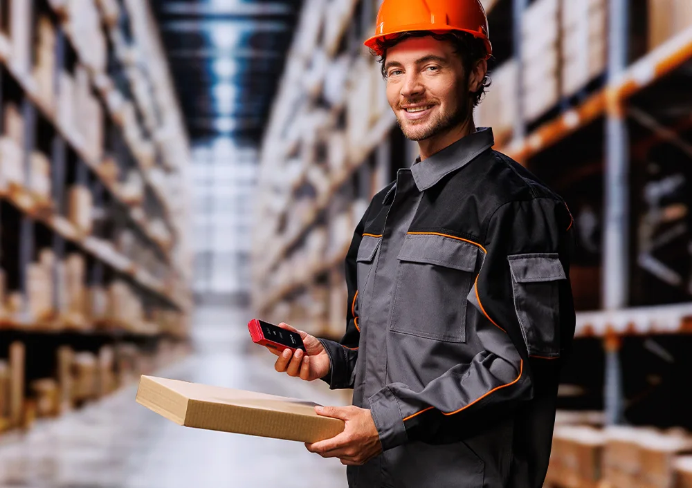 Lucrător în depozit, purtând echipament de lucru și cască de protecție, ținând un Vasco Translator Q1 într-o mână și un pachet în cealaltă, arătând documentele sau etichetele de pe pachet.